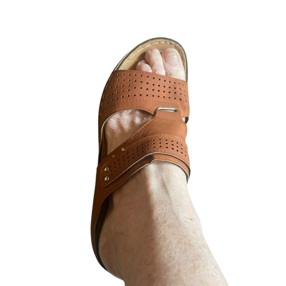 Brown Leather Slip-On Sandals with Perforated Straps